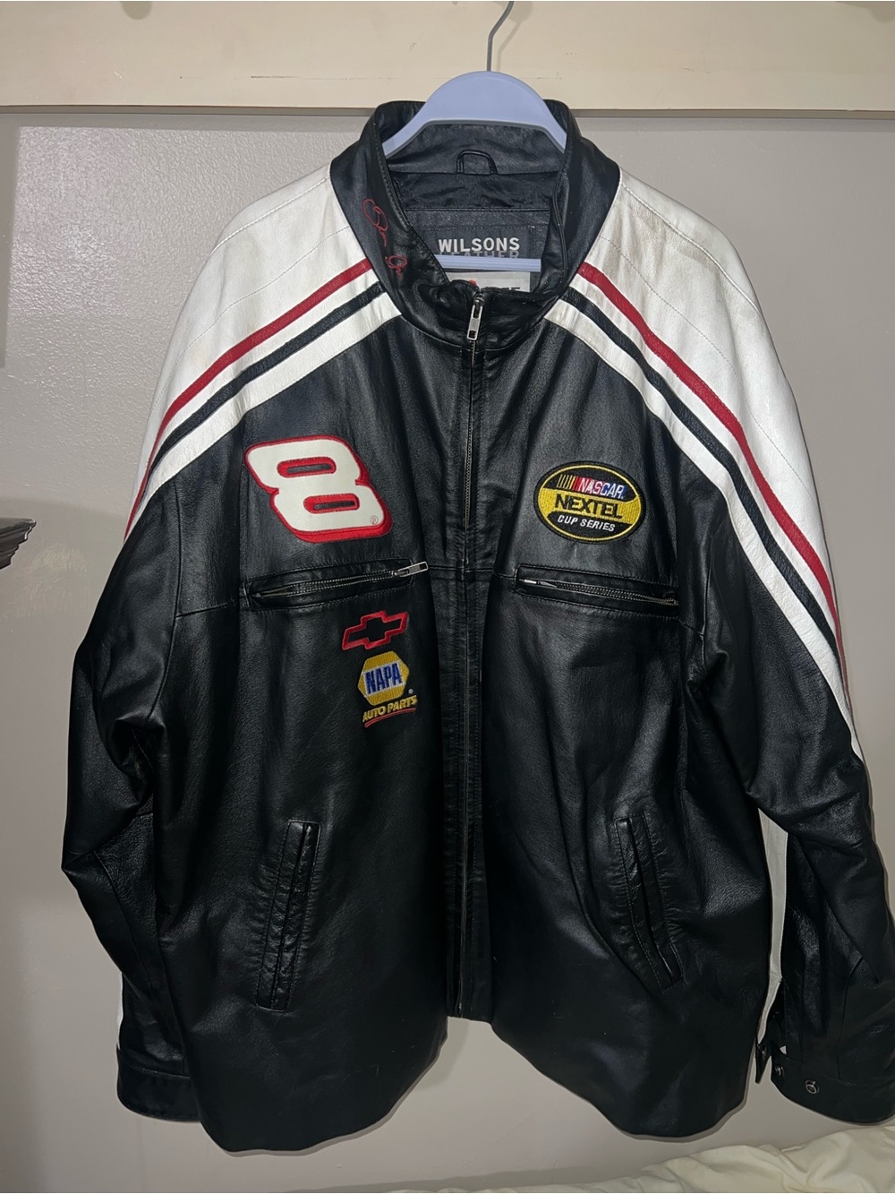 Wilson Black Leather Racing Bomber Jacket with White & Red Stripes
